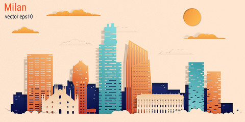 Naklejka premium Milan city colorful paper cut style, vector stock illustration. Cityscape with all famous buildings. Skyline Milan city composition for design.