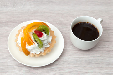 dessert with fruits, cream and cup of coffee. on wooden background.