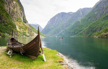 Flam / Norwegian. 05.29.2015. Wooden Viking ship in Flam