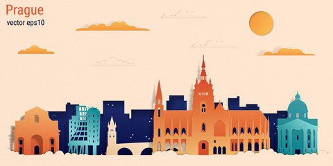 Prague city colorful paper cut style, vector stock illustration. Cityscape with all famous buildings. Skyline Prague city composition for design.