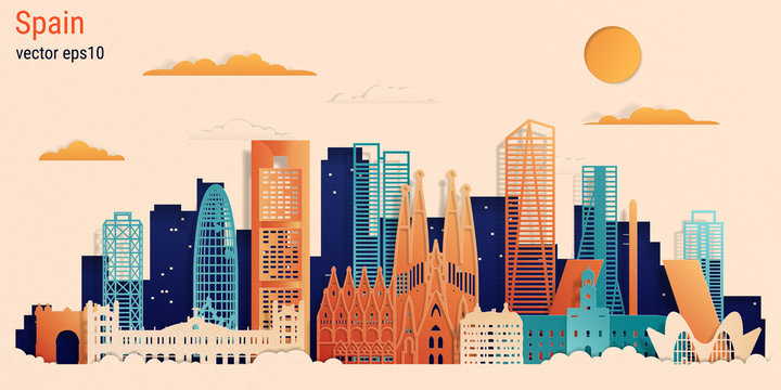 Spain colorful paper cut style, vector stock illustration. Cityscape with all famous buildings. Spain skyline composition for design.