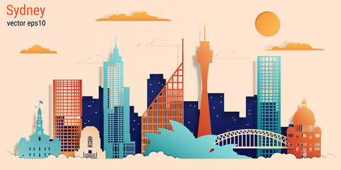 Obraz premium Sydney miasto kolorowy papier cięcia styl, czas ilustracji wektorowych. Pejzaż miejski ze wszystkimi słynnymi budynkami. Skyline Sydney kompozycja miasta do projektowania.