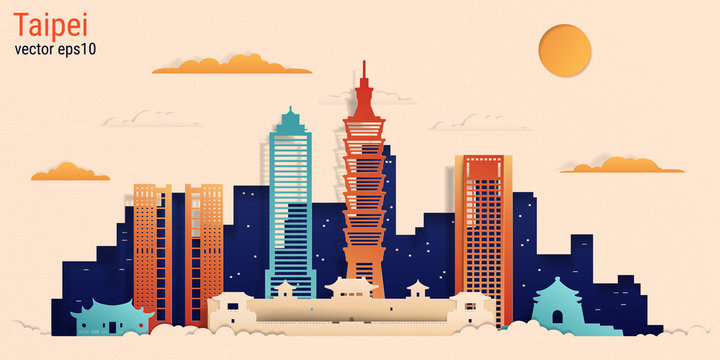 Taipei city colorful paper cut style, vector stock illustration. Cityscape with all famous buildings. Skyline Taipei city composition for design.