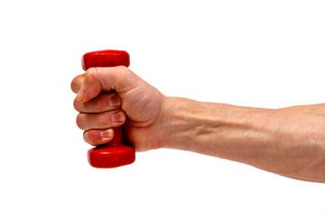 Male hand holding red dumbbell isolated on white background. Minimalistic concept.