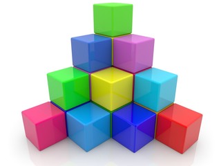 Colored toy cubes in the form of an abstract pyramid