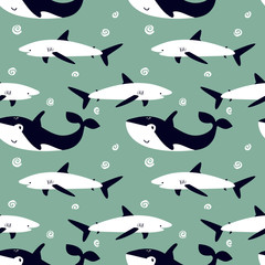 Seamless pattern with killer whale and shark. Cute cartoon character.