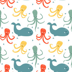Seamless pattern with whale and octopus. Cute cartoon character.