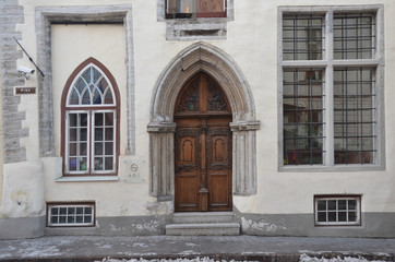 Church of St. Olaf. Old door with decor in the old town.