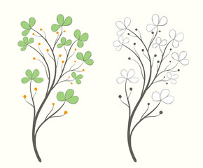 Flowering branch with green leaves and orange berries in two versions