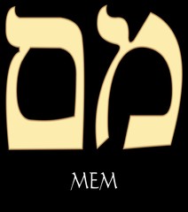 Hebrew letter mem, thirteenth letter of hebrew alphabet, meaning is water, gold design on black background, vector alefbet - obrazy, fototapety, plakaty