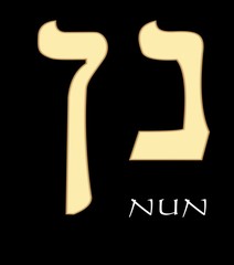 Hebrew letter nun, fourteen letter of hebrew alphabet, meaning is fish, gold design on black background, vector alefbet