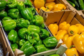 bell peppers in boxes on the counter
