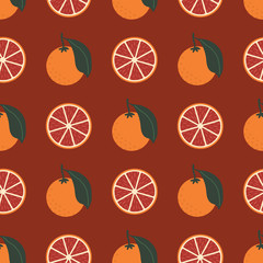 Seamless vector pattern with blood oranges and orange slices in a geometric grid on a brick red background. Fun food illustration for packaging, home decor, fabric, stationery, gifts.