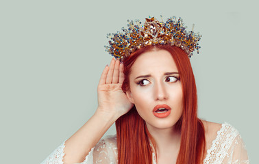 Eavesdropping bad news. Sad frustrated unhappy woman listening ear to bad news or having hearing...