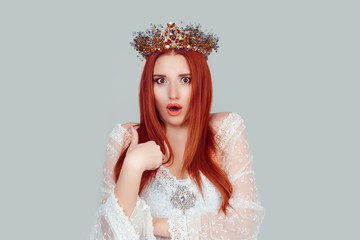 Me, really? Portrait of shocked beauty queen pretty woman with crown on head asking you talking to...