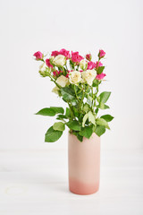 Spring card template. Happy Birthday or Valentine. Women's Day. Greeting card for mother's day. Congratulation with flowers. Flower card. Copy space. Wedding invitation. Roses on white background