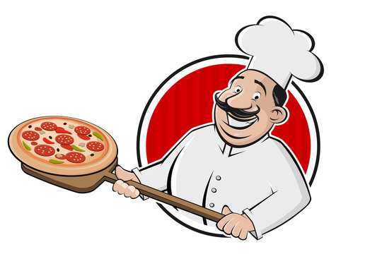 cartoon pizza logo of a serving chef