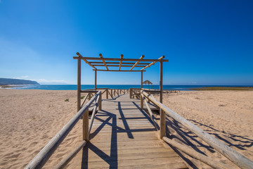 wooden footpath structure of Beach Varadero and Marisucia, in Canos Meca village (Barbate, Cadiz, Andalusia, Spain)