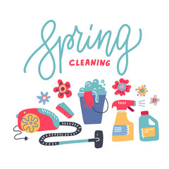 Spring Cleaning - line Lettering with flowers and home Equipment, Housework, Appliance, Domestic Tools. Vector flathand drawn illustration