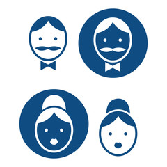 Set of icons with profiles of man and woman. Vector isolated illustration of blue color.