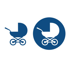 Fototapeta na wymiar Classic baby carriage with wheels silhouette. Two options. Vector blue icons.