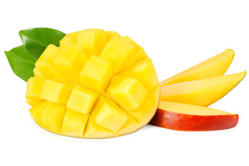Naklejka na ściany i meble mango slices with green leaves isolated on white background. healthy food