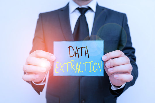 Conceptual hand writing showing Data Extraction. Concept meaning act or process of retrieving data out of data sources Male human wear formal work suit with office look hold book