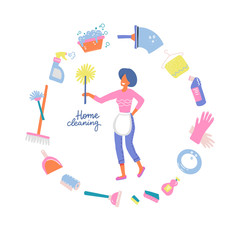 Home cleaning poster with washing appliances or chemicals. Round infographic concept Vector woman with pipidaster in hand, water basin or detergent and bathroom plunger, dust scoop or duster