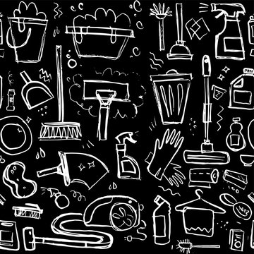 House cleaning seamless vector pattern. Hand drawn sketch illustration of equipment and cleaning products. White lines on black chalkboard.