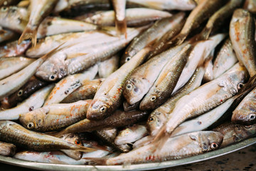 Fresh Fish On Display On Ice On Fishermen Market Store Shop. Seafood Fish Background. Top View. Mullus Fish