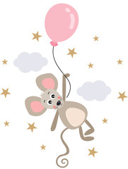 Baby mouse flying on sky holding a balloon