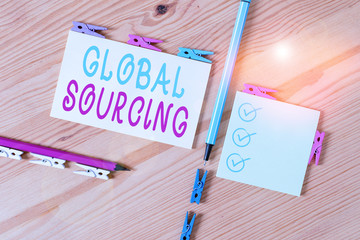 Text sign showing Global Sourcing. Business photo showcasing practice of seeking goods and services...