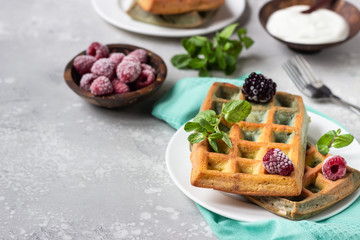 Traditional Belgian waffles with frozen berries, mint and natural greek yogurt on a white plate, light grey stone background. 