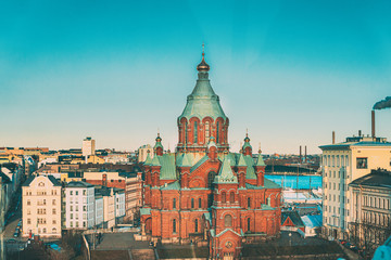 Helsinki, Finland. Uspenski Cathedral On Hill At Winter Sunny Day. Red Church - Tourist Destination...