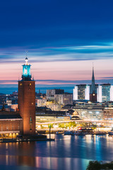 Stockholm, Sweden. Scenic Skyline View Of Famous Tower Of Stockholm City Hall And St. Clara Or...
