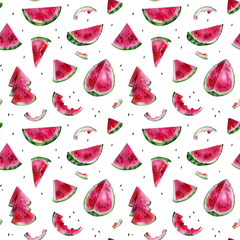 Watercolor seamless pattern. Slices, bits and seeds of watermelon on a white background.