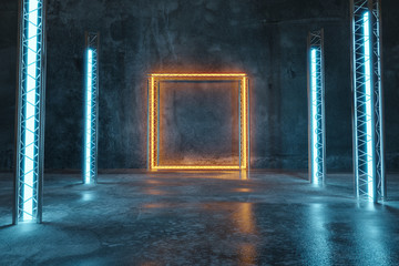 3d rendering of orange lighten square shape next to metal truss and blue light panels with puddles - obrazy, fototapety, plakaty