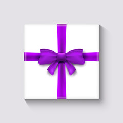 White gift box with ribbon. Celebration decoration design illustration. Holiday package element