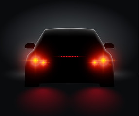 Car back view night light rear led realistic view. Car light in night dark background concept