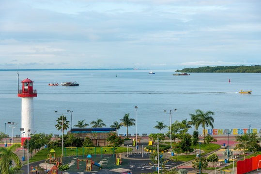 View of lighthouse and boats in the malecon of the city of Buenaventura.Valle del Cauca. Colombia, November 30, 2019