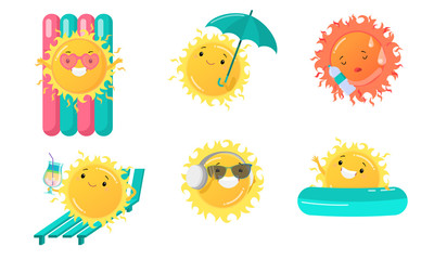 Cute sun characters doing summer activities vector illustration