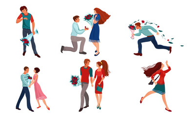 Set of young women and men coulples meetings vector illustration