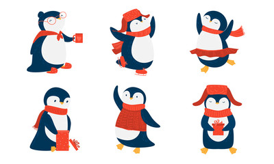 Pinguins in red scarfs and hats enjoying life vector illustration