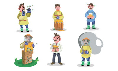 Men beekeepers in protective work clothing during job vector illustration