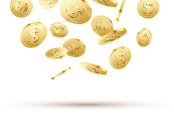 Golden coins falling on white. 3d gold money isolated coins background concept for business
