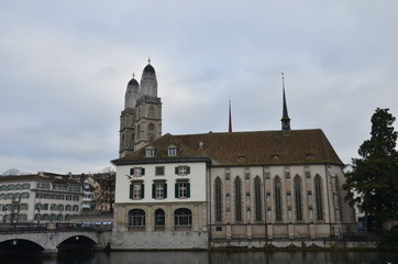 Fototapeta na wymiar Zurich is Switzerland's largest city. Wasserkirche is a church on an island that was later connected to the beach. Built in late gothic style.