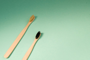 Two bamboo brushes for brushing teeth, light dark pile.