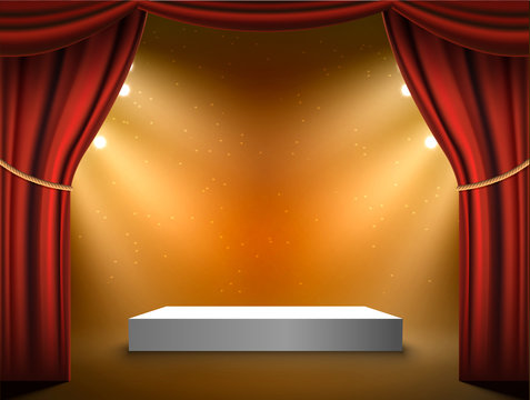 Podium Vector Stage Background. Red Curtains Show Light Award Podium With Spotlight