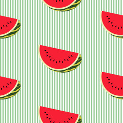 Seamless background with green and white stripes and watermelon slices. Vector fruit design for pattern or template.