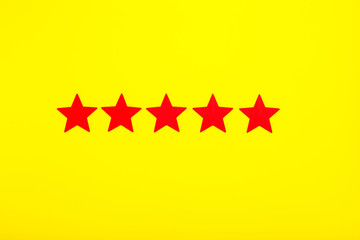 5 stars increase rating, Customer Experience Concept. 5 red stars excellent rating on yellow background.